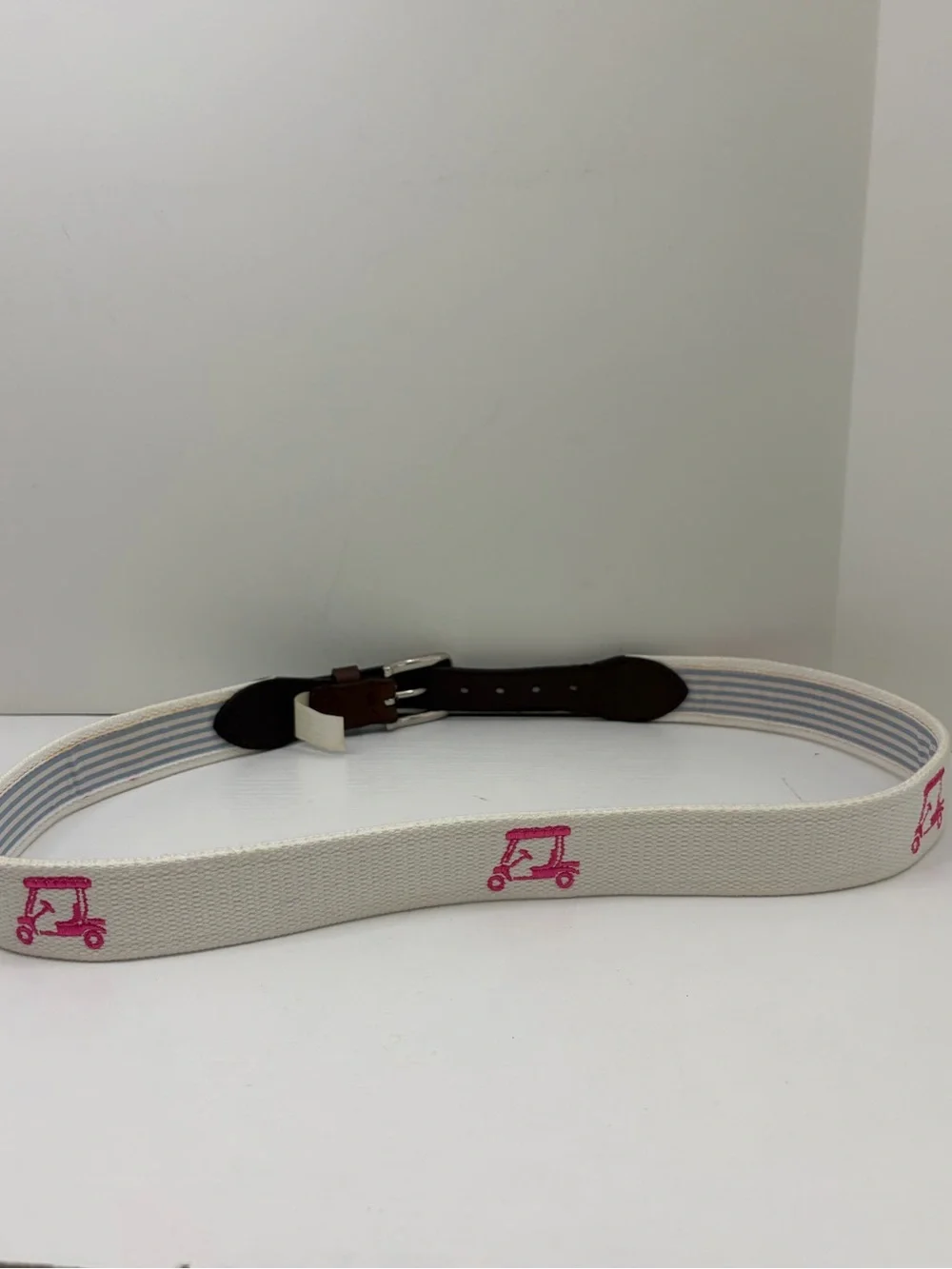 Pink Golf Cart Preppy White Canvas Brown Leather Trim Belt Size Medium